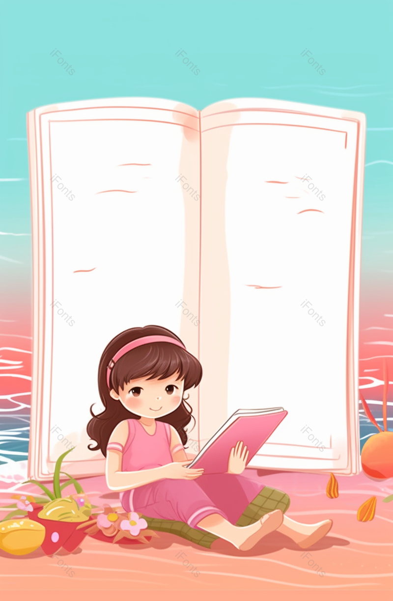 粉色系小女孩海边看书卡通效果背景图,插画/手绘图,插画/手绘图库,插画/手绘图下载,插画/手绘